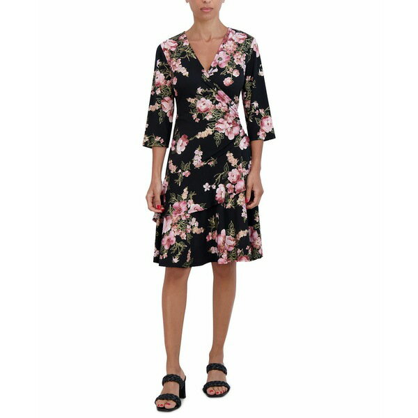 ӡӡ ǥ ԡ ȥåץ Petite Floral Ruffle-Skirt 3/4-Sleeve Dress Black Multi