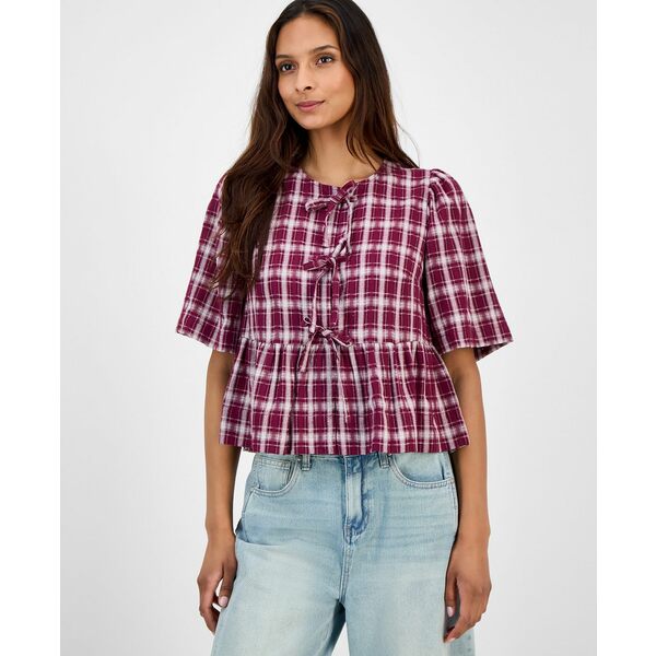 アンド ナウ ディス レディース カットソー トップス Women's Plaid Tie-Front Peplum Top, Macy's Exclusive Wine