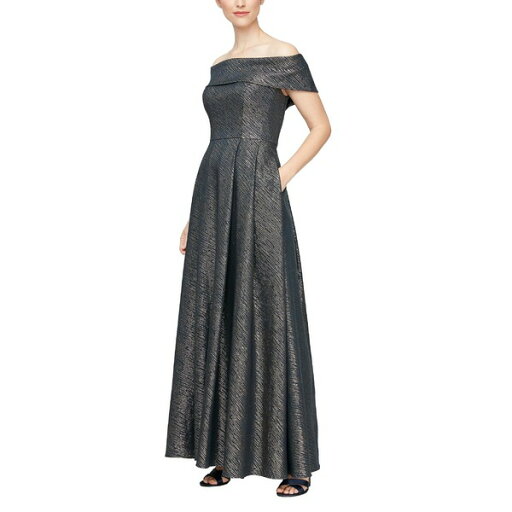 アレックスイブニングス レディース ワンピース トップス Stretch Jacquard Off The Shoulder Ballgown with Full Skirt and Pockets Navy Gold アレックスイブニングス レディース ワンピース トップス Stretch Jacquard Off The Shoulder Ballgown with Full Skirt and Pockets Navy Gold