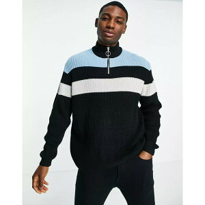 エイソス メンズ ニット&セーター アウター ASOS DESIGN knitted ribbed half zip sweater with color block chest stripes Black