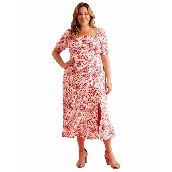 ロンドンタイムス レディース ワンピース トップス Plus Size Printed Puff-Sleeve Maxi Dress Red Multi