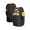 ニューエラ レディース カットソー トップス Women's Black Pittsburgh Steelers Lace-Up Notch-Neck Long...