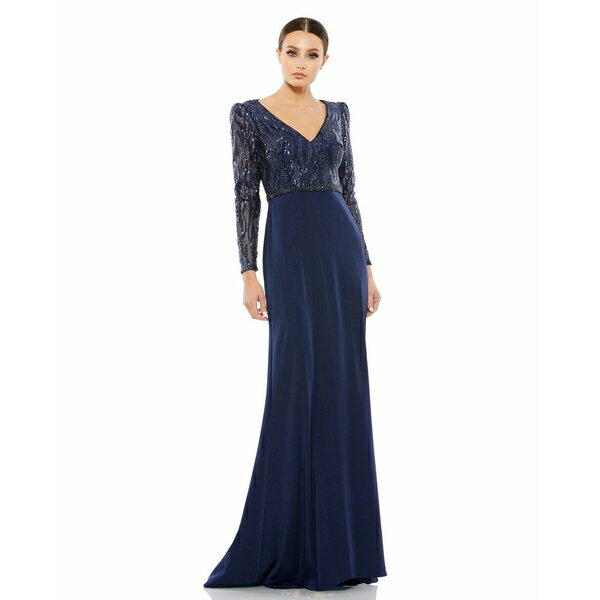 マックダガル レディース ワンピース トップス Women's Embellished Long Sleeve Bodice Column Dress Midnight