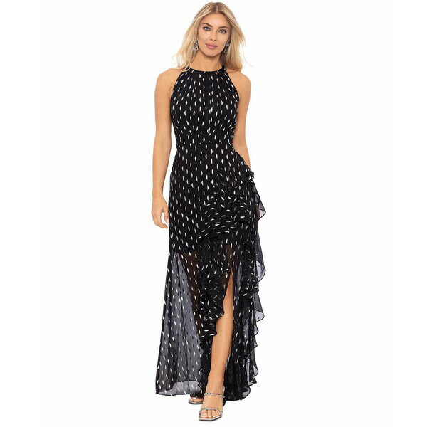 ベッツィ アンド アダム レディース ワンピース トップス Petite Printed Ruffled Halter Gown Black/Silver