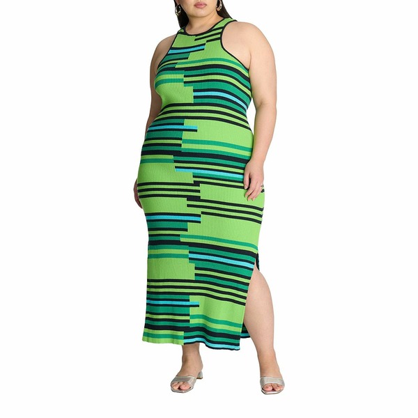  ǥ ԡ ȥåץ Women's Plus Size Mixed Stripe Ribbed Dress Gree...