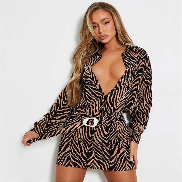 ̵ åȥե ǥ  ܥȥॹ Zebra Print Belted Mini Skirt Co-Ord Brown