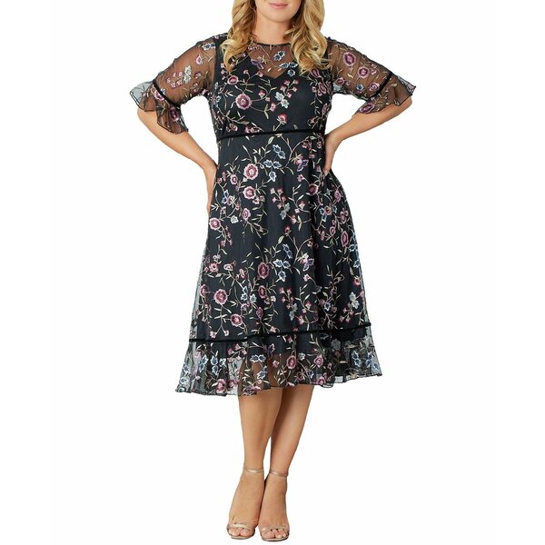 キヨナ レディース ワンピース トップス Women's Plus size Wildflower Embroidered Floral Mesh Dress Moonlit garden