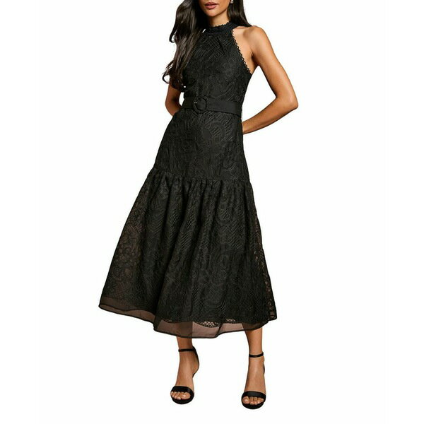 コースト レディース ワンピース トップス Women's Lace Organza Belted Halter Midi Dress Black