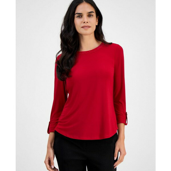 エーケー アン クライン レディース カットソー トップス Petite Embellished-Neck Roll-Tab-Sleeve Top Fire Red