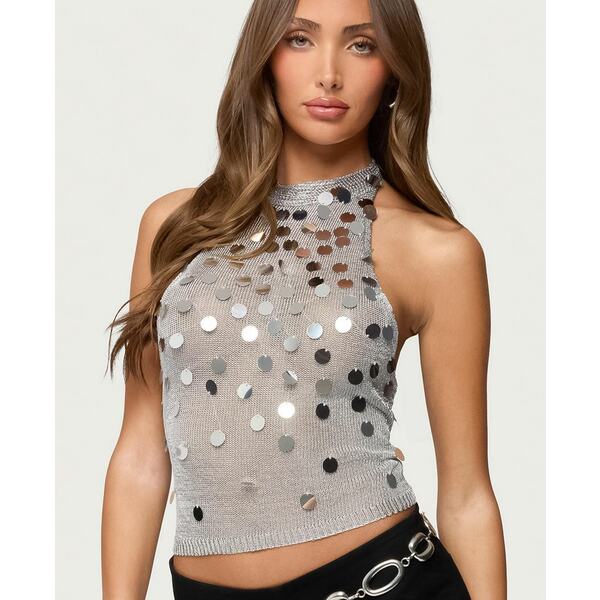 エディクテッド レディース カットソー トップス Women's Shiny Sequin Backless Halter Top Silver