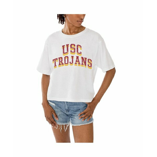 ゲームデイ レディース カットソー トップス Women's White USC Trojans Claim To Fame Boxy Cropped T..