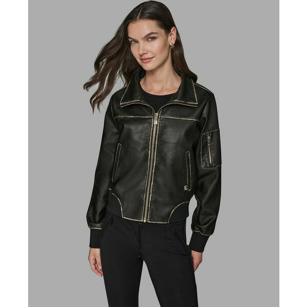 カールラガーフェルド レディース ジャケット＆ブルゾン アウター Petite Women's Knit-Trim Faux-Leather Jacket Black(4)