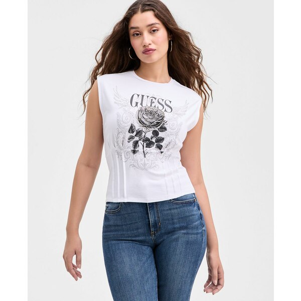 ゲス レディース カットソー トップス Women's Rose Graphic Corset-Detail Top Pure White