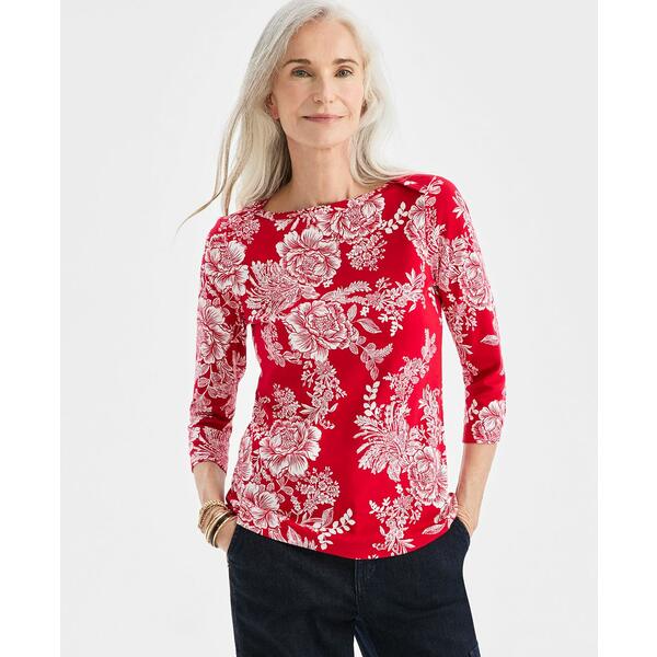 スタイルアンドコー レディース カットソー トップス Women's Printed Pima Cotton 3/4 Sleeve Boat-Neck Top, Macy's Exclusive Tango Red(4)