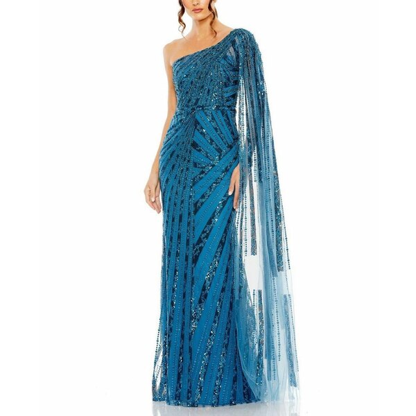 マックダガル レディース ワンピース トップス Women's One Shoulder Cape Sleeve Embellished Gown Ocean blue