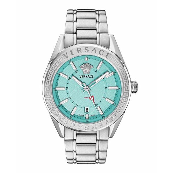 ヴェルサーチ メンズ 腕時計 アクセサリー Men's V-Code Silver Stainless Steel Bracelet Watch, 42mm Silver/Blue