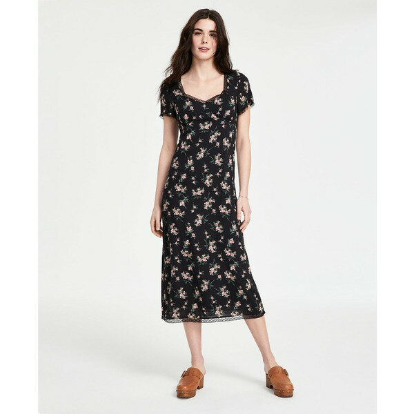 ラッキーブランド レディース ワンピース トップス Women's Floral Lace-Trim Midi Dress Black Floral