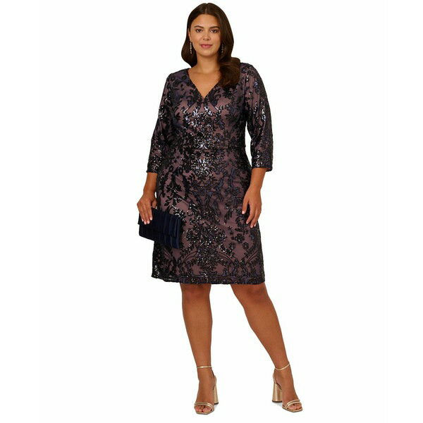アドリアナ パペル レディース ワンピース トップス Plus Size Beaded V-Neck 3/4-Sleeve Sheath Dress Navy Rose Gold