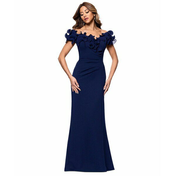 エスケープ レディース ワンピース トップス Women's Ruffled-Off-The-Shoulder Crepe Gown Navy