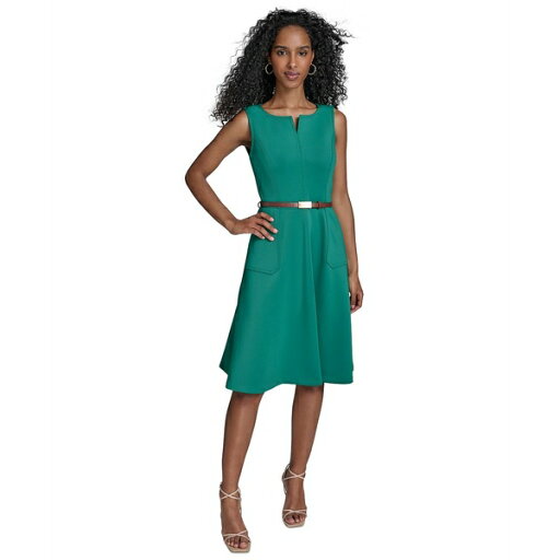 カルバンクライン レディース ワンピース トップス Women's Split-Neck Belted Scuba Dress Med Green カルバンクライン レディース ワンピース トップス Women's Split-Neck Belted Scuba Dress Med Green