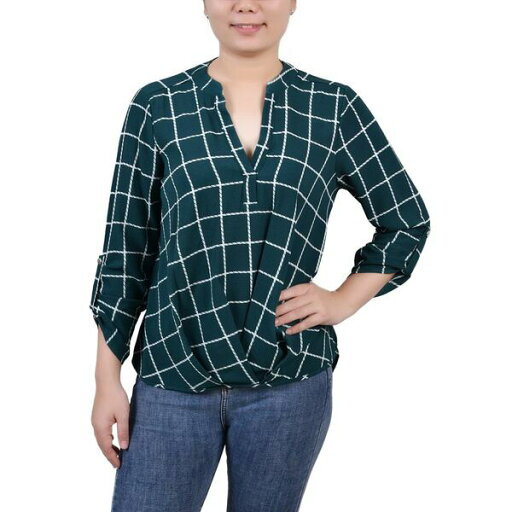 ニューヨークコレクション レディース カットソー トップス Petite Size 3/4 Push Tab Mandarin Collar Blouse with Front Pleats Botanical Green Box Print ニューヨークコレクション レディース カットソー トップス Petite Size 3/4 Push Tab Mandarin Collar Blouse with Front Pleats Botanical Green Box Print