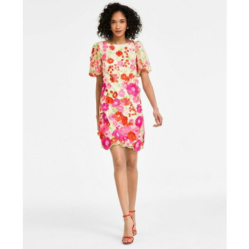 エリザジェイ レディース ワンピース トップス Women's Embroidered Floral Puff-Sleeve Shift Dress Pink エリザジェイ レディース ワンピース トップス Women's Embroidered Floral Puff-Sleeve Shift Dress Pink