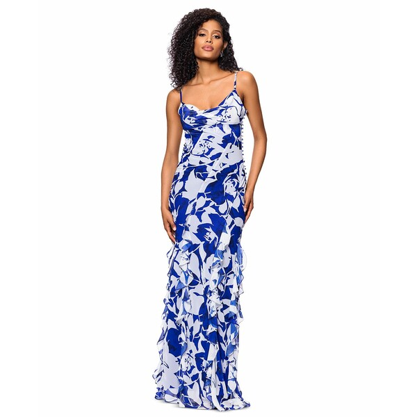 ベッツィ アンド アダム レディース ワンピース トップス Women's Cowlneck Button-Trim Ruffled Gown Navy/Royal