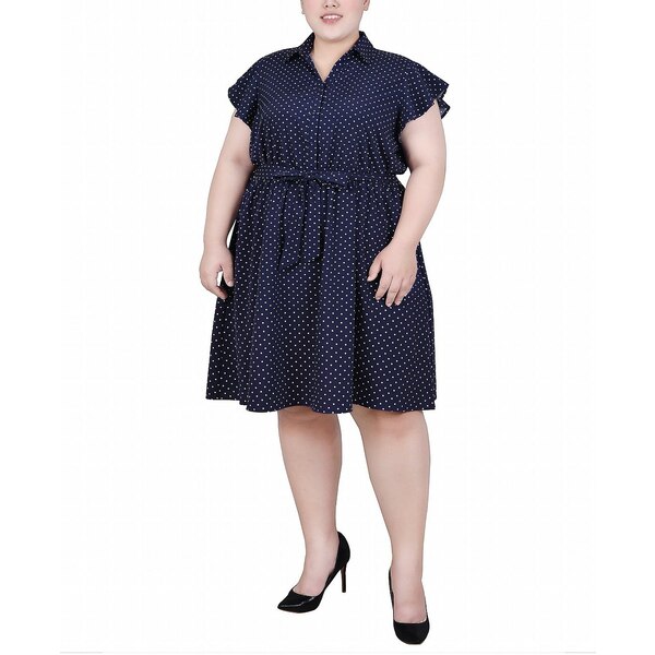 ニューヨークコレクション レディース ワンピース トップス Plus Size Flutter Sleeve Belted Dress Navy White Dot