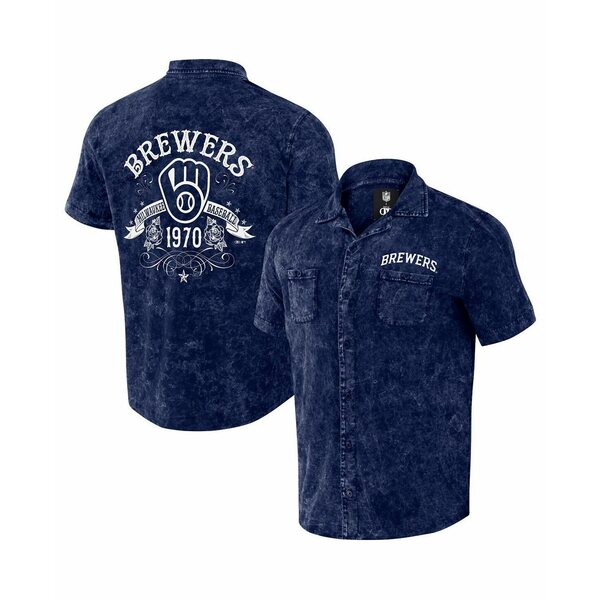 ファナティクス メンズ シャツ トップス Men's Darius Rucker Collection by Navy Distressed Milwaukee Brewers Denim Team Color Button-Up Shirt Navy