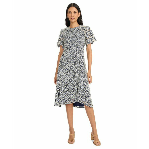 マギーロンドン レディース ワンピース トップス Women's Floral-Lace Short-Sleeve Dress Navy Blazer/Cream