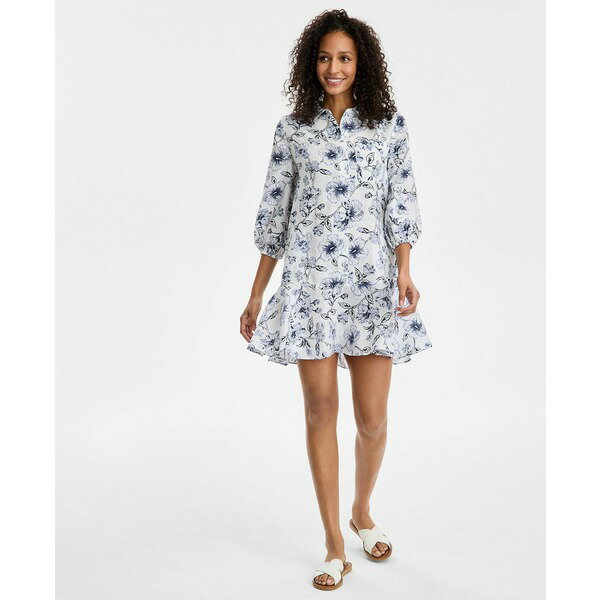 チャータークラブ レディース ワンピース トップス Women's Hibiscus Garden 100% Linen Mini Dress, Exclusively at Macy's Bright White