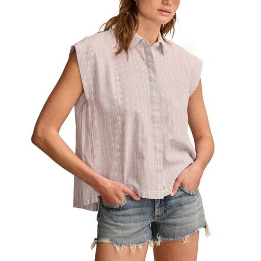 ラッキーブランド レディース カットソー トップス Women's Cotton Sleeveless Tunic Shirt Blue Stripe ラッキーブランド レディース カットソー トップス Women's Cotton Sleeveless Tunic Shirt Blue Stripe