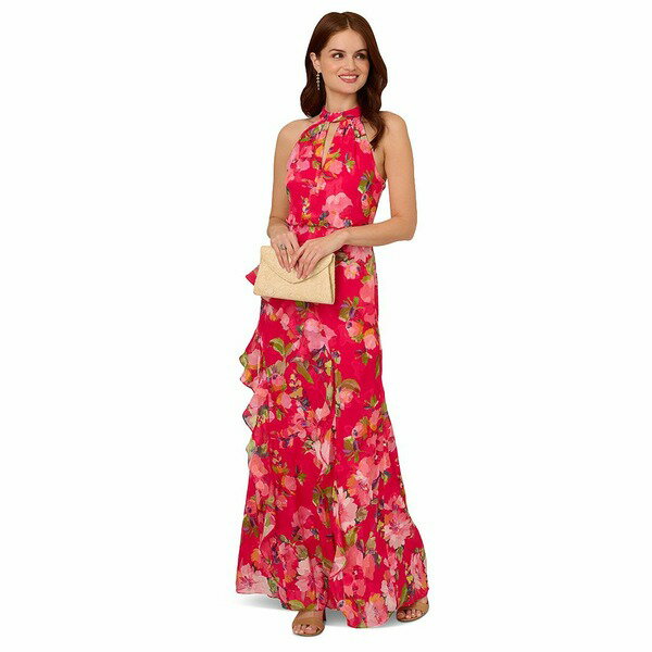 アドリアナ パペル レディース ワンピース トップス Petite Printed Chiffon Ruffle Dress Pink Multi