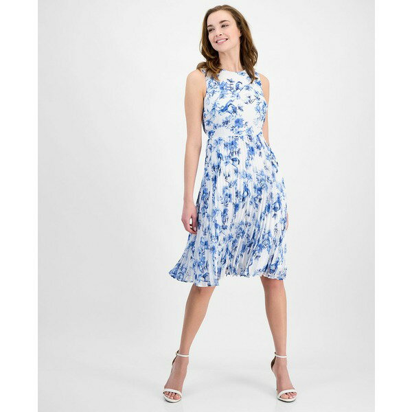 アンクライン レディース ワンピース トップス Women's Sleeveless Floral Fit & Flare Dress Bright White Multi