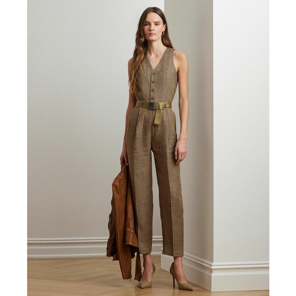 ラルフローレン レディース ワンピース トップス Women's Houndstooth Belted Linen Jumpsuit Brown/Tan Multi