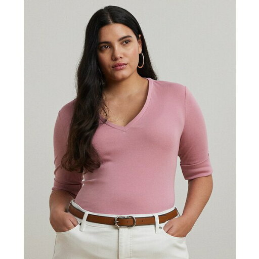 ラルフローレン レディース カットソー トップス Plus Size Stretch Cotton Elbow-Sleeve V-Neck Tee Rose Mauve ラルフローレン レディース カットソー トップス Plus Size Stretch Cotton Elbow-Sleeve V-Neck Tee Rose Mauve