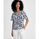 トミー ヒルフィガー レディース カットソー トップス Women's Floral-Print Linen-Blend Pintucked Top Sky C...