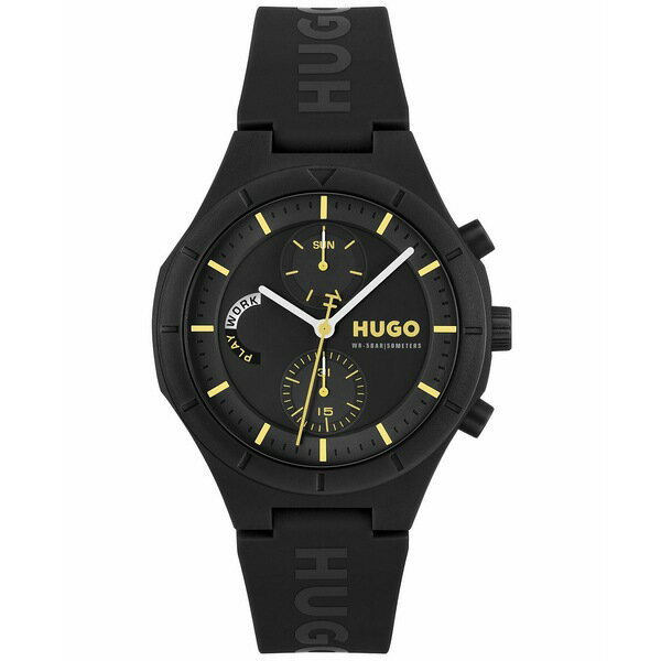ヒューゴボス メンズ 腕時計 アクセサリー Men's Lit Multi Quartz Multifunction Black Silicone Watch, 44mm Black