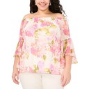 ミスク レディース カットソー トップス Plus Size Printed Off-The-Shoulder Chiffon Blouse Ivory/Pin...