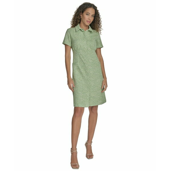 カルバンクライン レディース ワンピース トップス Women's Tweed Collared Shirtdress Leaf White
