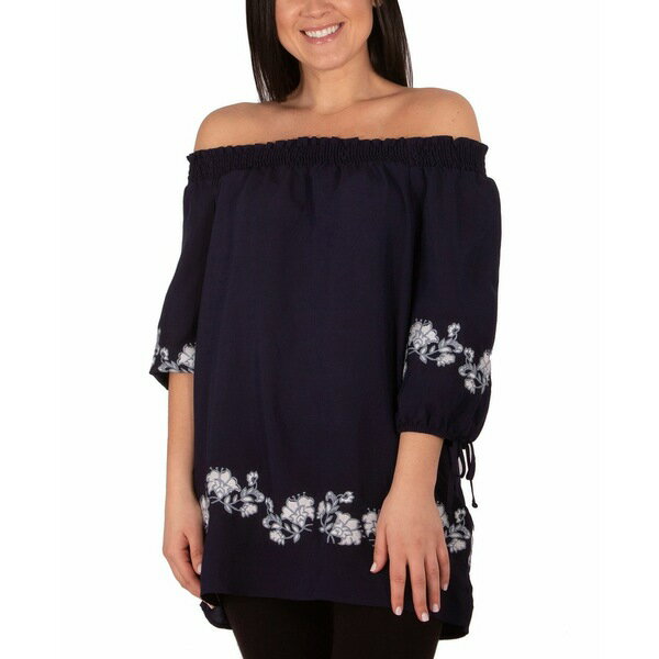 ニューヨークコレクション レディース カットソー トップス Women's Embroidered Elbow Sleeve Peasant Blouse Navy