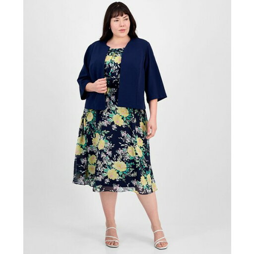 サンドラ ダーレン レディース ワンピース トップス Plus Size 2-Pc. Open-Front Jacket & Floral Dress Set Navy Multi サンドラ ダーレン レディース ワンピース トップス Plus Size 2-Pc. Open-Front Jacket & Floral Dress Set Navy Multi