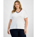 トミー ヒルフィガー レディース カットソー トップス Plus Size Contrast Trim V-Neck Top Bright White