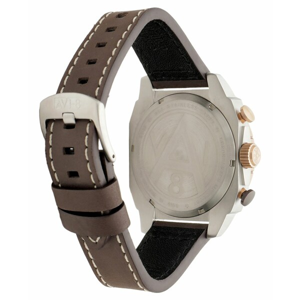 アヴィエイト メンズ 腕時計 アクセサリー Men's Hawker Hunter Atlas Dual-Time Chronograph Brown Leather Strap Watch, 44mm Gray