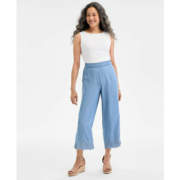スタイルアンドコー レディース カジュアルパンツ ボトムス Women's Chambray Embroidered-Hem Cropped Pants, Exclusively at Macy's Anna Wash