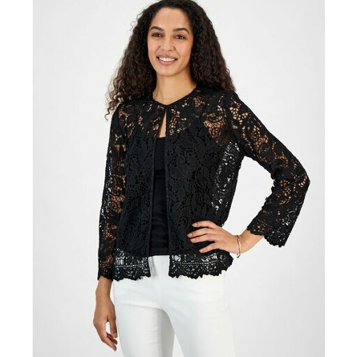 カスパー レディース ジャケット&ブルゾン アウター Women's Lace Open-Front 3/4-Sleeve Jacket, Regular & Petite Sizes Black カスパー レディース ジャケット&ブルゾン アウター Women's Lace Open-Front 3/4-Sleeve Jacket, Regular & Petite Sizes Black