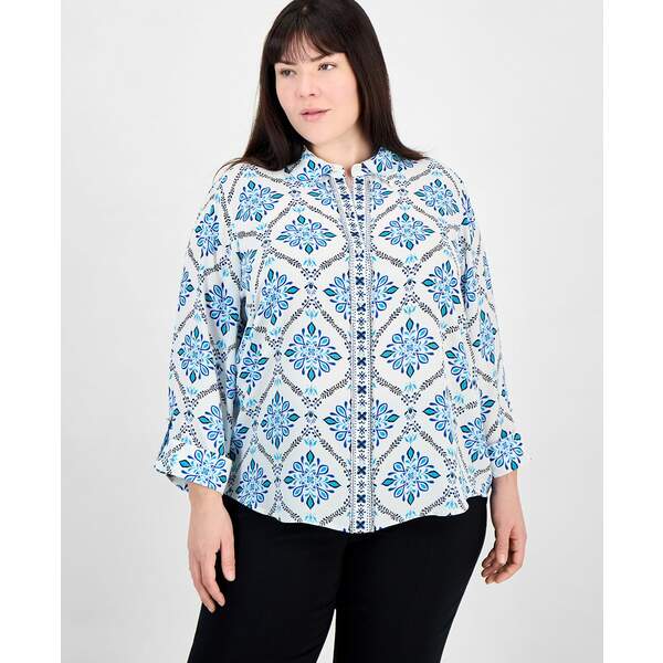 ジェイエムコレクション レディース カットソー トップス Plus Size Embellished-Placket Button-Front Shirt, Exclusively at Macy's Neo Natura