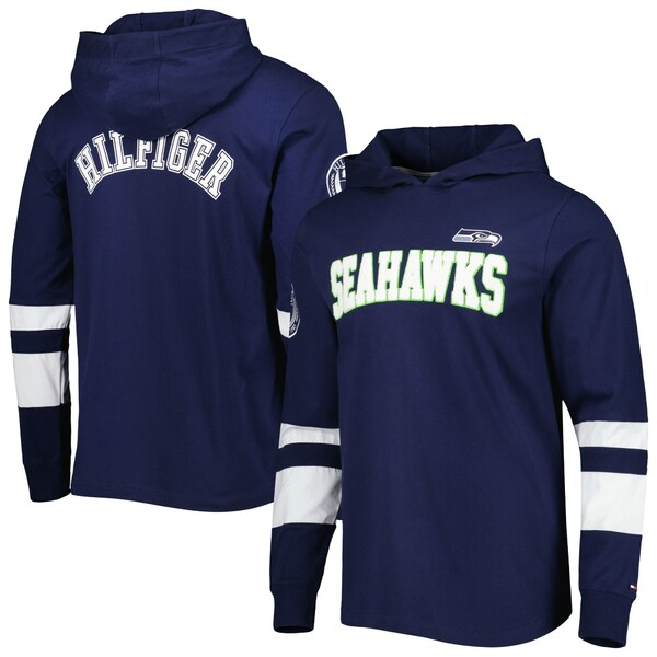 トミー ヒルフィガー メンズ Tシャツ トップス Seattle Seahawks Tommy Hilfiger Alex Long Sleeve Hoodie TShirt College Navy/White