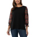 ジョーンズニューヨーク レディース カットソー トップス Women's Plaid-Sleeve Crewneck Top Jones Black(4)