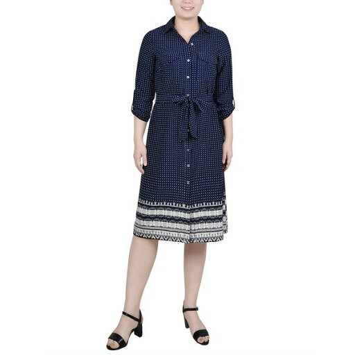 ニューヨークコレクション レディース ワンピース トップス Petite 3/4 Roll Tab Sleeve Belted Shirtdress Navy Border ニューヨークコレクション レディース ワンピース トップス Petite 3/4 Roll Tab Sleeve Belted Shirtdress Navy Border